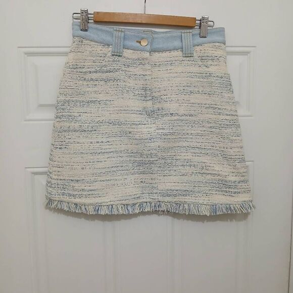 Sandro paris  womens small tweed mini skirt beige cream blue fringe - Picture 1 of 7
